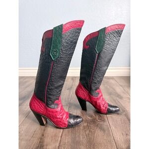 Rocky Carroll Womens Vintage Custom Pebbled Quill Leather Heel Boots,Black Red,6